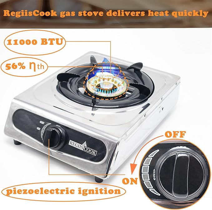 1Burner Propane Gas Cooktop,Camping Portable LPG Gas Stove, Auto Ignition Stainless Steel Countertop with regulator burner grate