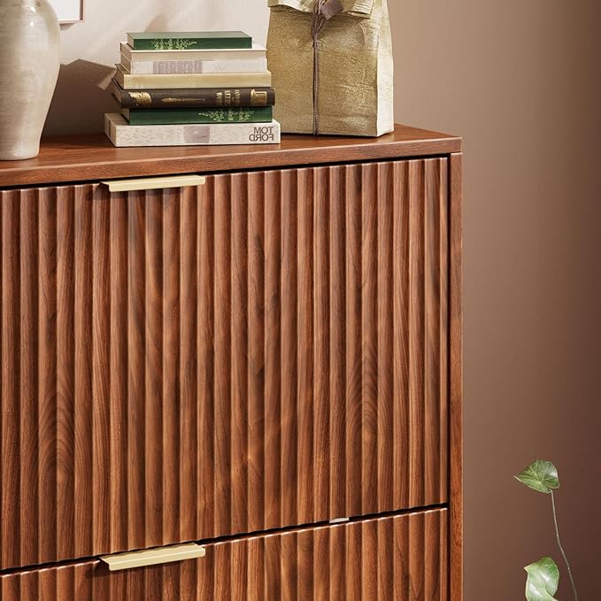 Evermagin 31.5''W Walnut Shoe Cabinet Storage for Entryway, Fluted Slim Shoe Dresser with 2 Flip Drawers, Narrow Shoe Rack Cabinet, Hidden Shoe Organizer Cabinet for Entrance, Hallway