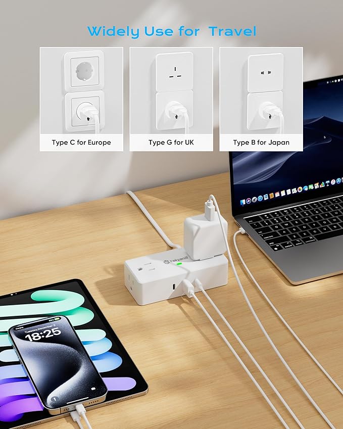 European Travel Plug Adapter, EU/UK/JP Plug Adapter, 4 AC Outlets, 3 USB Ports (2 USB C), 5ft Flat Extension Cord, Compact for Travel