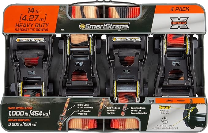 SmartStraps 14’ CamoX Ratchet Straps, 4 Pack – 3,000lbs Break Strength, 1,000lbs Safe Work Load – Premium Duty Tie Downs for Heavier Loads, Orange Camo Webbing