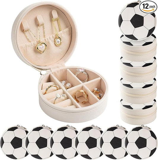 12-Pack Soccer Mini Travel Jewelry Case Round Black and White Soccer Stuff Portable Jewelry Organizer Storage Case for Christmas Graduation Sports Team Club Birthday Goodie Favors Gifts