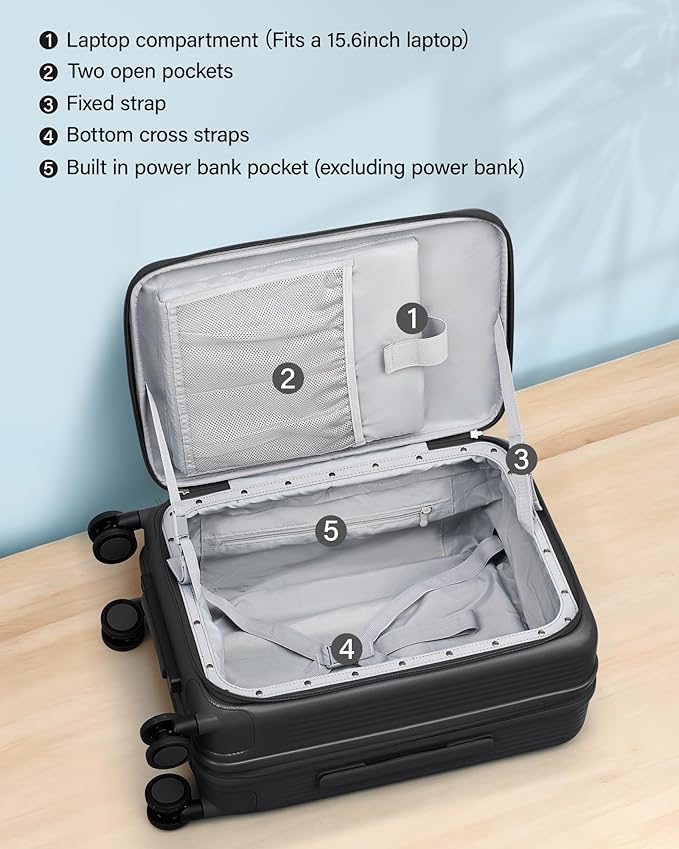 Hanke 20 Inch Expandable Carry On Luggage Airline Approved Top Opening Travel Luggage Rolling Suitcase with Cup Holder Hard Shell Suitcases with Wheels (Jet Black)