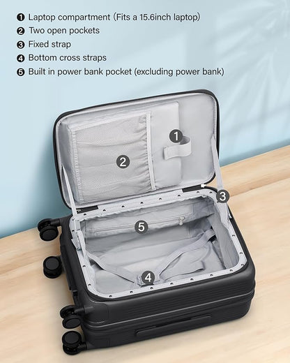 Hanke 20 Inch Expandable Carry On Luggage Airline Approved Top Opening Travel Luggage Rolling Suitcase with Cup Holder Hard Shell Suitcases with Wheels (Jet Black)