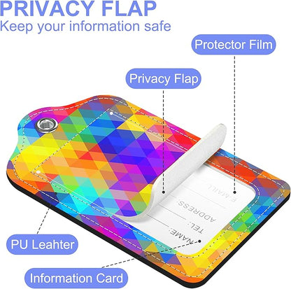 2 Pack Luggage Tag for Suitcase Polygonal and Rainbow Color Rhombus Leather Suitcase Tags with Identifiers Privacy Cover Name Address Labels and Stainless Steel Loop for Teens Adults