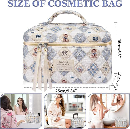 Large Makeup Bag, Cute Cosmetic Bag for Women Girls, Floral Coquette Aesthetic Toiletry Bag, Travel Make Up Organizer Bag (Check Bear)