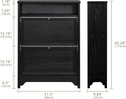 Chogori Solid Wood Shoe Storage Cabinet for Entryway - Narrow Freestanding Shoe Organizer with 2 Flip-Up Drawers, Hallway Shoe Rack with Sturdy Wooden Legs for Foyer, Living Room (2, Onyx Black)