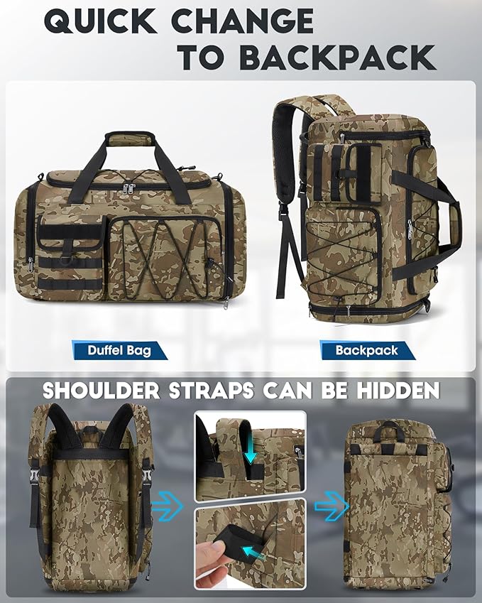 SDYSM Gym Bag for Men 45L Sports Duffel Bags 3-in-1 Travel Duffel Bag with Shoe Compartment, Gym Workout Backpack Carry On Weekender Bag Overnight Bag for Travel, KhakiCamouf