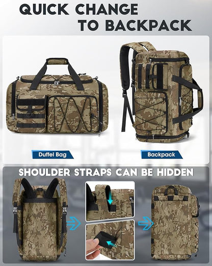 SDYSM Gym Bag for Men 45L Sports Duffel Bags 3-in-1 Travel Duffel Bag with Shoe Compartment, Gym Workout Backpack Carry On Weekender Bag Overnight Bag for Travel, KhakiCamouf