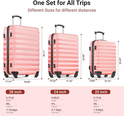 3 Piece Luggage Sets ABS Hardshell Suitcase with Spinner Wheels with 6PC Packing Bags(20/24/28inch)