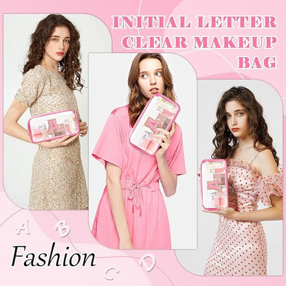 Personalized Initial Letter Clear Makeup Bag,Preppy Small Nylon&PVC Cosmetic Zipper Bag with Chenille Letter,Portable Beach Travel Skincare Toiletry Bag,Trendy Monogram Gift for Teen Girls Women,A