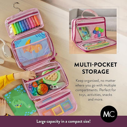 Kids Travel Organizer – Multi-Compartment, Water-Resistant Hanging Bag for Toys, Snacks, & Activities - Compact, Lightweight Design with Hook & Carry Handle - Perfect for Travel Use (Pink, Small)