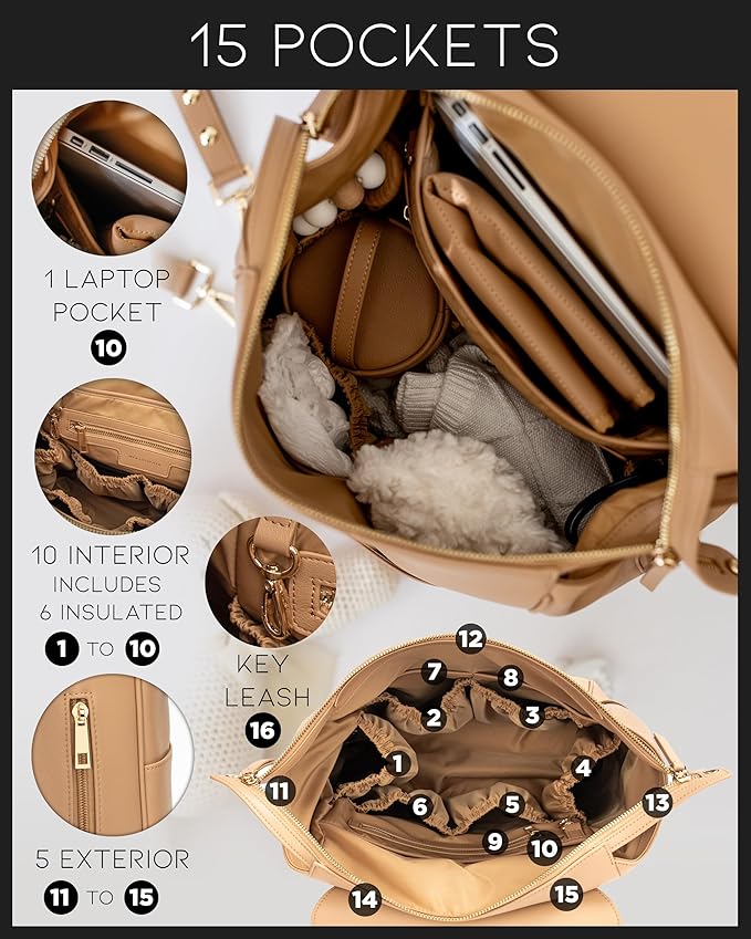 MIA + SOPHIA Leather Diaper Bag Backpack with USB Charging port, Changing Pad, Stroller Straps (Brown Olivia)