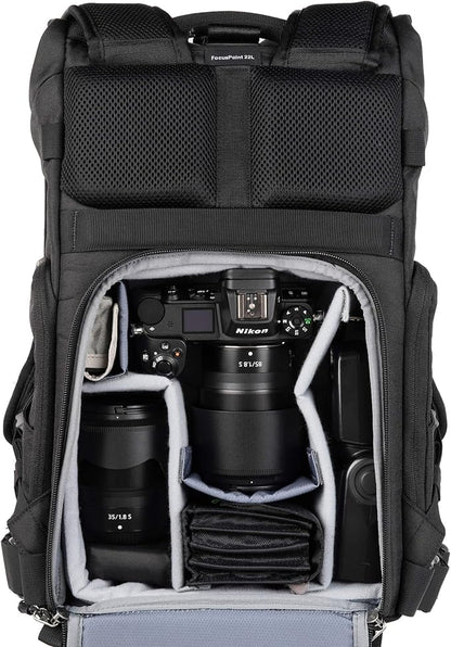 Think Tank FocusPoint 22L RollTop Camera Backpack - Asphalt Black: Expandable Travel & Camera Backpack with Laptop Sleeve, Quick Side and Back Access, Rain Cover – Versatile Photography & Travel Bag