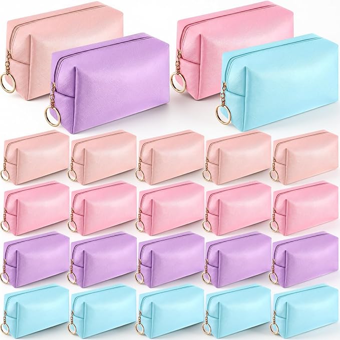 Chunful 24 Pcs Preppy Makeup Bag PU Leather Cosmetic Bag Bulk Makeup Plain Pouch Waterproof Toiletry Purse for Women Traveling Preppy Pencil Case Travel Purse Cosmetic(Pastel Color)