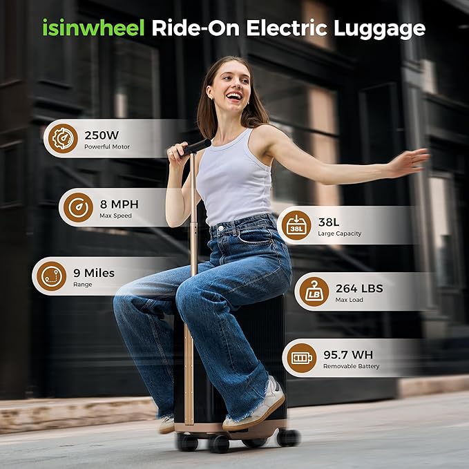 isinwheel Smart Rideable Luggage, Airline-Approved Electric Scooter Suitcase 22"x14"x9", 250W Motor Up to 8 MPH & 9.3 Miles Range,95.7Wh Removable Battery, TSA Lock,38L Carry-on Electric Luggage－Black
