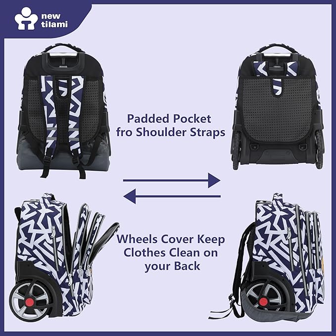NEW TILAMI 20" Rolling Backpack for Teens Adults, Climbing Stairs Waterproof Backpack with Wheels for School Business Trave Camping with Laptop Compartment, Fit 17 Inch Laptop, Blue - White Doodle