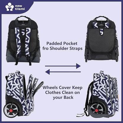 NEW TILAMI 20" Rolling Backpack for Teens Adults, Climbing Stairs Waterproof Backpack with Wheels for School Business Trave Camping with Laptop Compartment, Fit 17 Inch Laptop, Blue - White Doodle