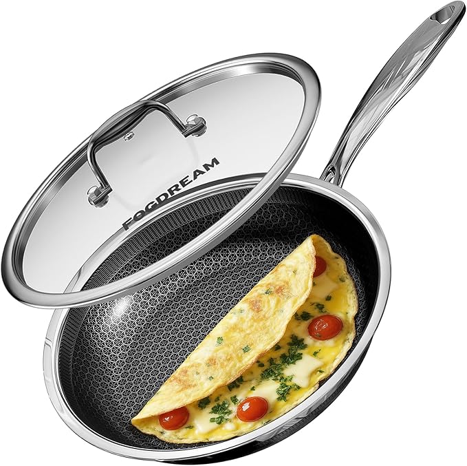 Fogdream 8” Non Stick Frying Pans, Stainless Steel Skillet with Lid, Tri-Ply Stainless Steel for All Cooktops, Dishwasher and Oven-Safe Cooking Pan, Stay-Cool Handle, Silver