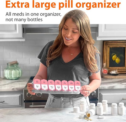 Extra Large Weekly Pill Organizer - XL Vitamin Holder with 7 Detachable AM PM Compartments - Portable Medicine Dispenser for Home and Travel, Big Supplement Container for Weekly or Daily Use, Pink