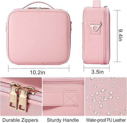 Travel Makeup Bag Organizer, 10.2 Inches Portable Makeup Train Case Cosmetic Brush Artist Storage Bag with Adjustable Dividers and Shoulder Strap (Pink)