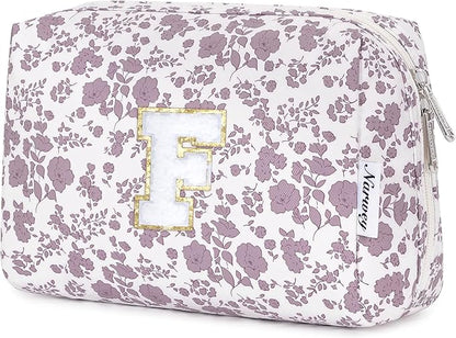 Narwey Birthday Gifts for Teen Girls Kids Women Personalized Initial Floral Makeup Bag Cute Cosmetic Trendy Stuff 6 8 10 11 12 13 14 16 18 Years Old Travel Toiletry Bag (Little Dusty Pink Flower F)