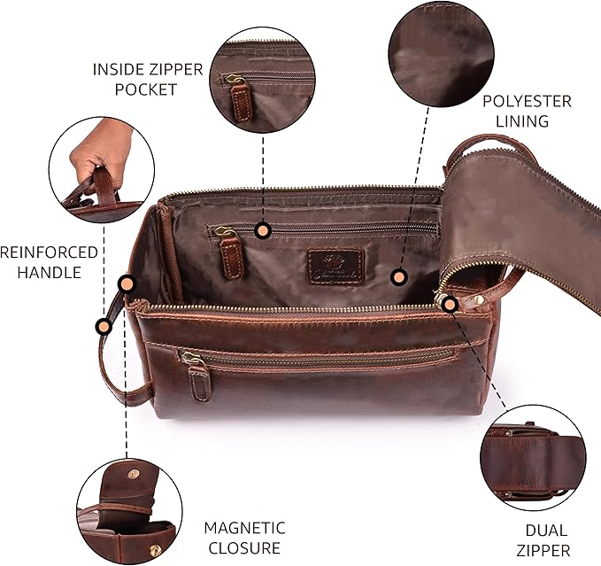 Genuine Leather Travel Toiletry Bag for Men & Women – Premium Water-Resistant Large Dopp Kit, Shaving Organizer & Bathroom Essentials Case - Cherry