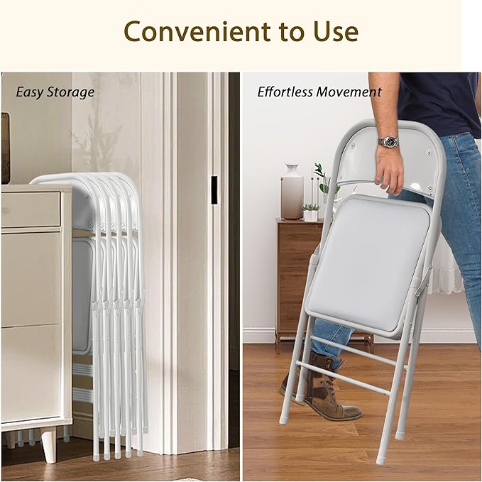 6 Pack White Folding Chairs with Comfortable Cushion and Back, Portable & Foldable Indoor Outdoor Chairs with Durable Metal Frame for Office/Party/Events/Kitchen/Dinning/Wedding, 330lbs Capacity