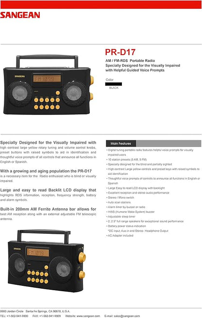 Sangean PR-D17 AM/FM-RDS Portable Radio Specially Designed for The Visually Impaired with Helpful Guided Voice Prompts, high Contrast Large Yellow Controls with Raised Symbols