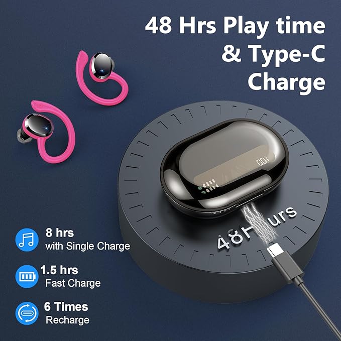 Wireless Earbud, Bluetooth 5.4 Headphones IP7 Waterproof for Sport, 48H Running Wireless Earphones with ENC Noise Cancelling Mic, Deep Bass Over Ear bud with Earhooks for Android, iOS, Workout, Gym