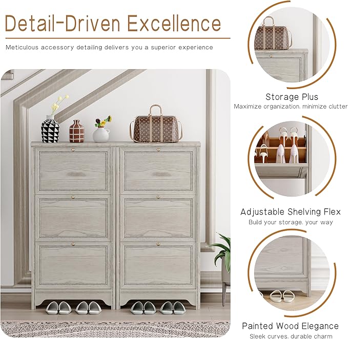 Chogori 3-Tier Shoe Cabinet – Solid Wood Entryway Shoe Storage Organizer with Flip-Up Doors, Adjustable Shelves – Narrow Freestanding Shoe Cabinets for Hallway – Space-Saving Design (2, Charcoal Gray)