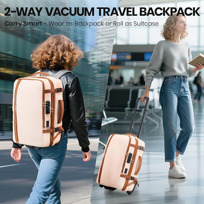 Fanwoli Vacuum Rolling Travel Backpack, Carry On Luggage with TSA Lock & Anti Theft Zipper, 70L Expandable Airback with Compression Pump, Waterproof Laptop Bag Ideal for Flight & Business