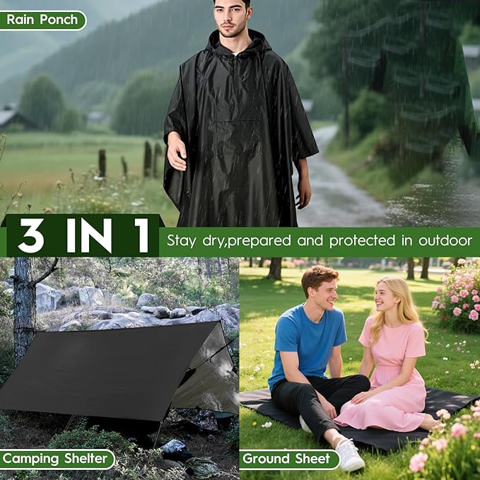 Bruvoalon 3-in-1 Rain Poncho with 1/4 Zip & Chest Pocket, Waterproof, Sunshade, Ground Mat for Adults & Youth Emergency