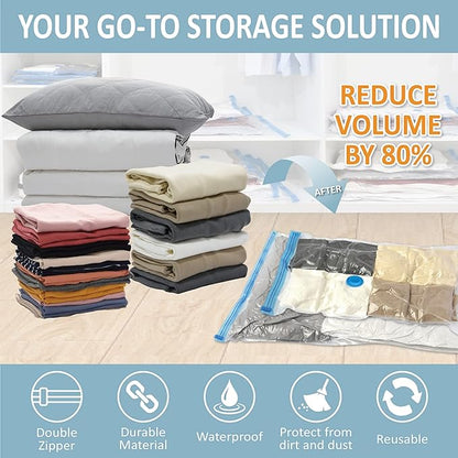 8 Pack Vacuum Storage Bags, Space Saver Bags (2 Jumbo/2 Large/2 Medium/2 Small) Compression Storage Bags for Comforters and Blankets, Vacuum Sealer Bags for Clothes Storage, Hand Pump Included