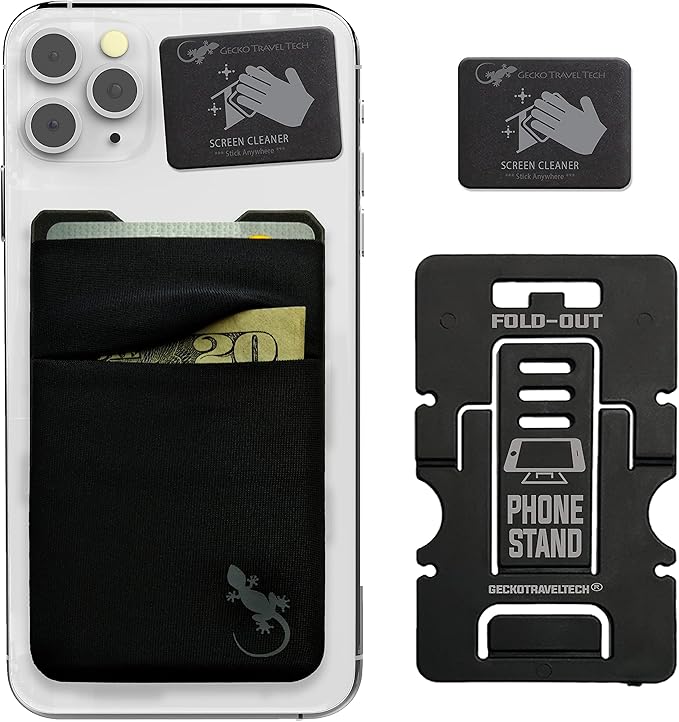 Gecko Travel Tech Mobile Phone Double Pocket Wallet Stick on with Stand - Cellphone Accessories case - Phone Card Holder with Stick on - (Black-Gray)