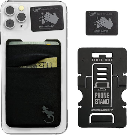 Gecko Travel Tech Mobile Phone Double Pocket Wallet Stick on with Stand - Cellphone Accessories case - Phone Card Holder with Stick on - (Black-Gray)