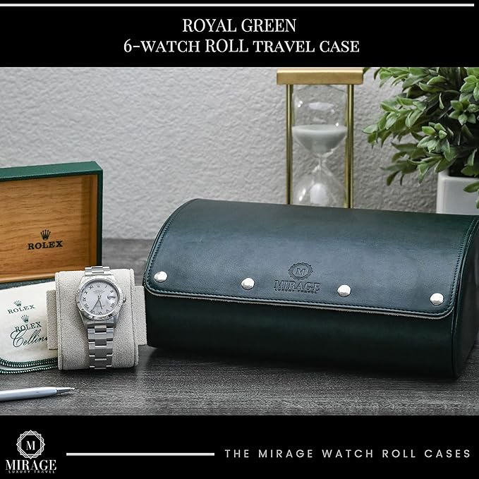 M Mirage Luxury Travel 6 watch display case organizer - Royal Green & Ivory White