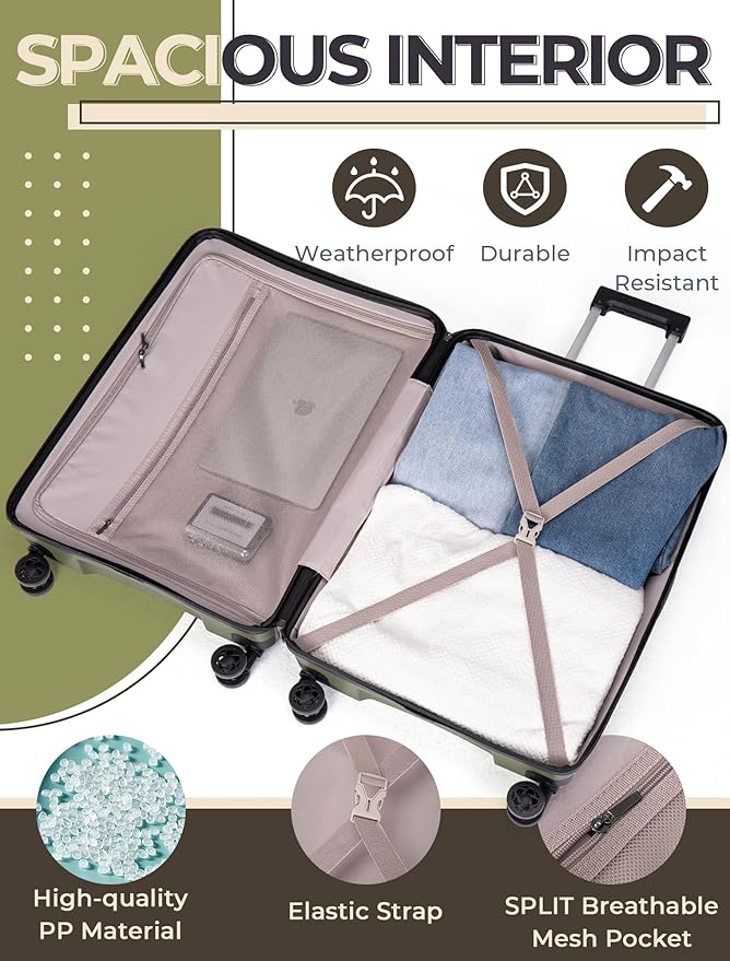 Luggage Sets 5 Piece,Lightweight,Impact-Resistant,Wear-Resistant Suitcases with Wheels, Hardshell Suitcase Set with Spinner Wheels, PP Carry on Luggage Set with TSA Lock, Travel Luggage