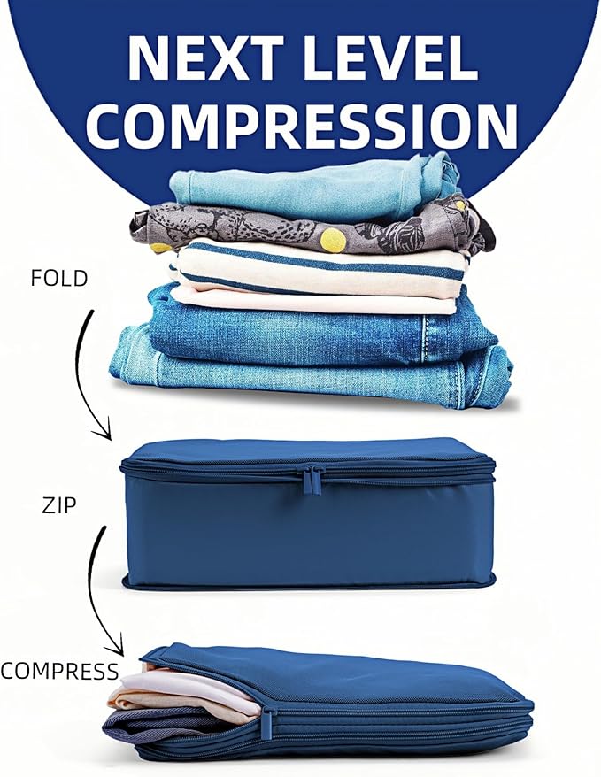 Compression Packing Cubes for Travel, 6-Piece Set (L/M/S), Double-Zip Luggage Organizers with Mesh Panels, Space-Saving Clothes Storage Bags for Suitcase & Carry-On (6 Pack, Dark Blue)