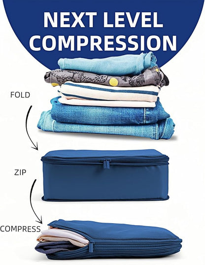 Compression Packing Cubes for Travel, 6-Piece Set (L/M/S), Double-Zip Luggage Organizers with Mesh Panels, Space-Saving Clothes Storage Bags for Suitcase & Carry-On (6 Pack, Dark Blue)