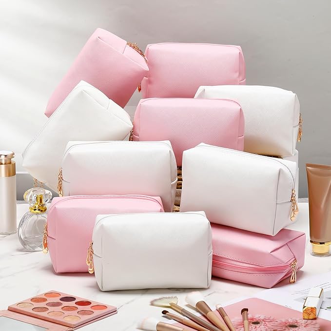 Cunno 100 Pcs Makeup Bags Bulk PU Leather Cosmetic Pouch Christmas Small Pouch Bag DIY Toiletry Bags Preppy Aesthetic Travel Storage Organizer for Women Travel Christmas Party Gift(Pink,White)