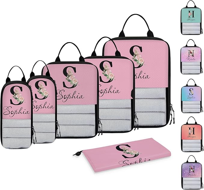 Custom Name 6 Set Compression Packing Cubes for Travel Accessories Customized Expandable Packing Organizers Personalized Carry On Essentials Luggage Bags, Initial