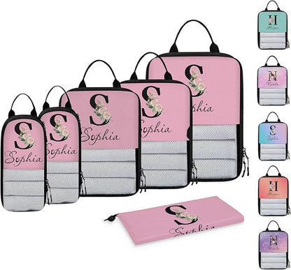 Custom Name 6 Set Compression Packing Cubes for Travel Accessories Customized Expandable Packing Organizers Personalized Carry On Essentials Luggage Bags, Initial