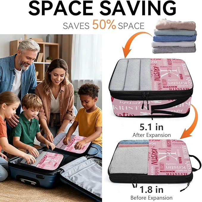 Personalized 6 Set Compression Packing Cubes for Travel Essentials with Name Initial Customized Lightweight Carry on Expandable Luggage Organizer Bags for Women and Men, Pink