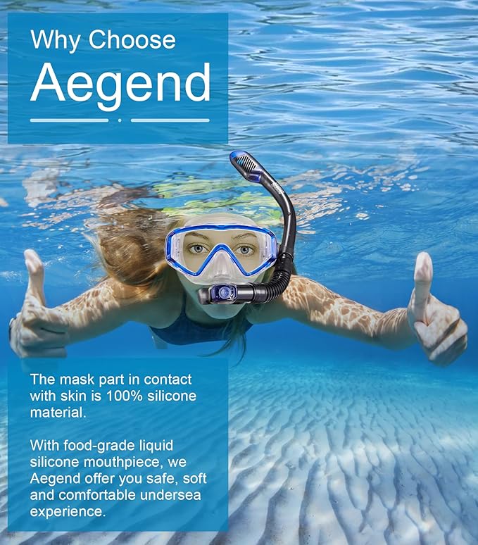 Aegend Snorkeling Gear for Adults Youth Kids, Dry Snorkel Set Panoramic View Enhanced Anti-Leak and Anti-Fog Technology, Adjustable Strap for Snorkeling Scuba Diving Swimming with Mesh Bag