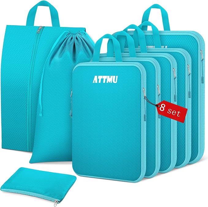 8 Set Compression Packing Cubes for Travel, Expandable Compression Cubes for Suitcases, Lightweight Suitcase Organizer with Shoes & Laundry Bags, Travel Accessories for Men Women