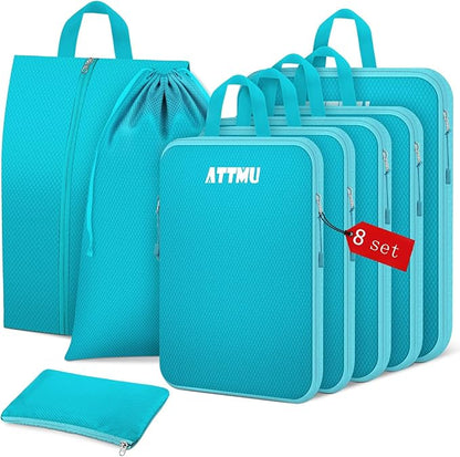 8 Set Compression Packing Cubes for Travel, Expandable Compression Cubes for Suitcases, Lightweight Suitcase Organizer with Shoes & Laundry Bags, Travel Accessories for Men Women