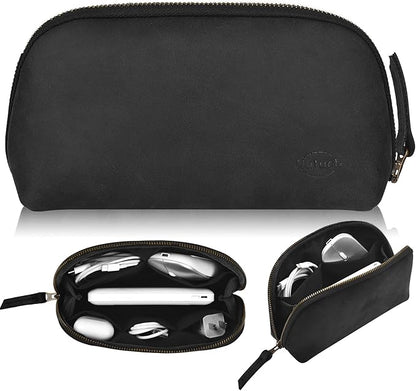 Leather Tech Pouch for Cables Chargers Phone | Tech Bag | Zipper Travel Accessory Pouch | Electronic Organizer Case Travel Bag (Black)