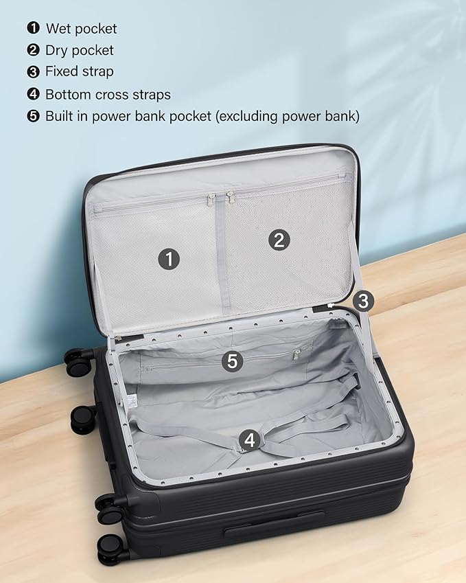 Hanke 24Inch Expandable Luggage Top Opening Medium Checked Luggage Hard Shell Suitcases with Wheels Travel Luggage Rolling Suitcase with Cup Holder(Jet Black)