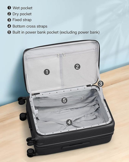Hanke 24Inch Expandable Luggage Top Opening Medium Checked Luggage Hard Shell Suitcases with Wheels Travel Luggage Rolling Suitcase with Cup Holder(Jet Black)