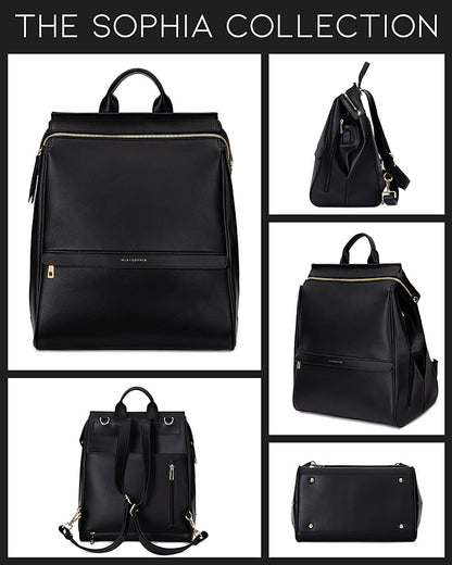 MIA + SOPHIA Leather Diaper Bag Backpack with USB Charging port, Changing Pad, Stroller Straps, and Bottle Holder (Black Sophia)